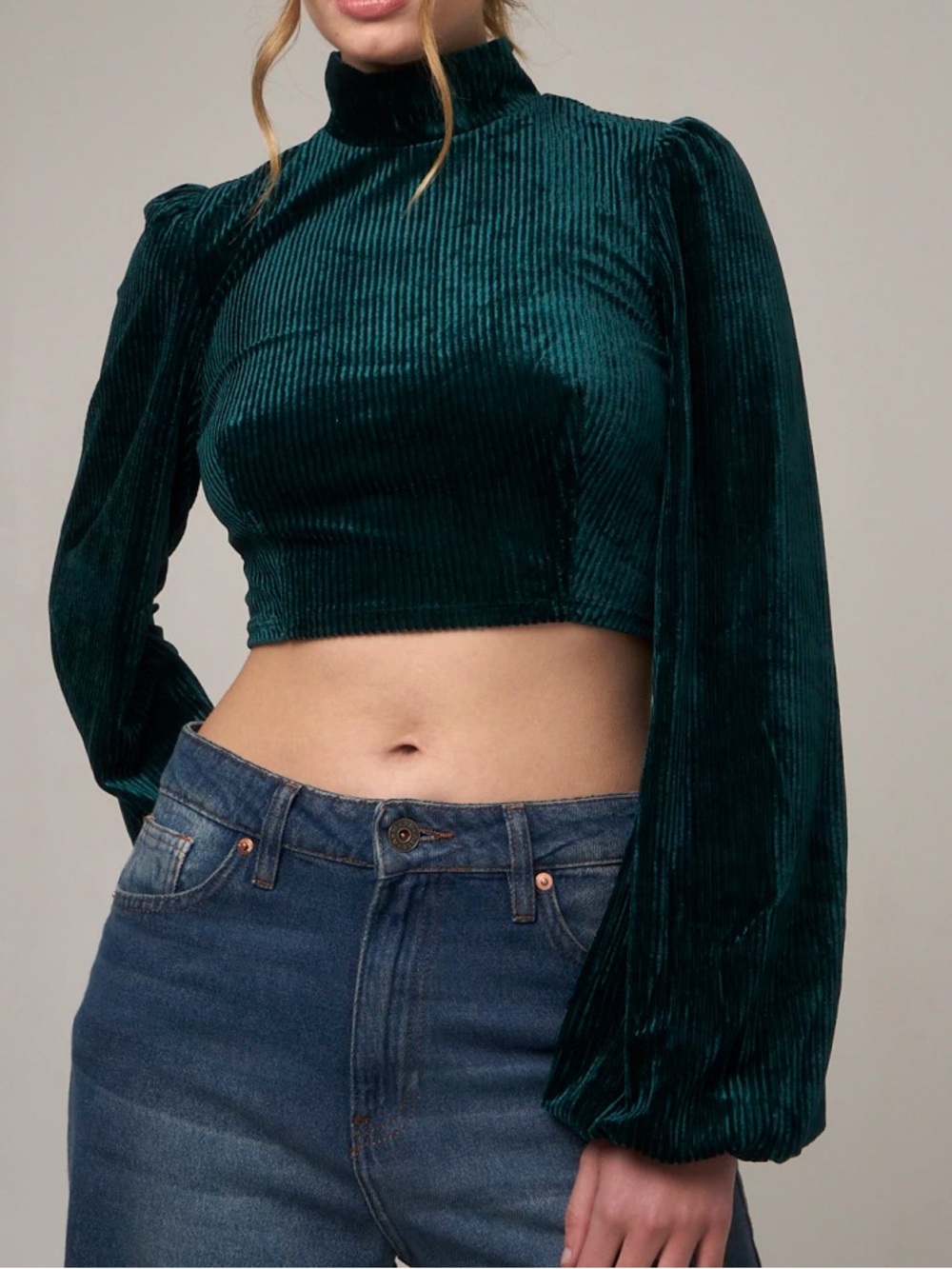 Emerald Green Ribbed Velvet Mock Neck Crop
